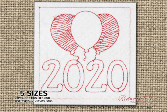 Happy Year 2020 Ballooons Redwork for Apparel
