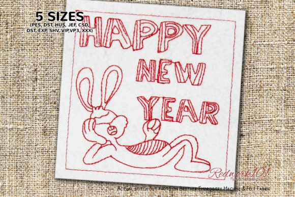 Lazy Happy New Year Bunny Redwork