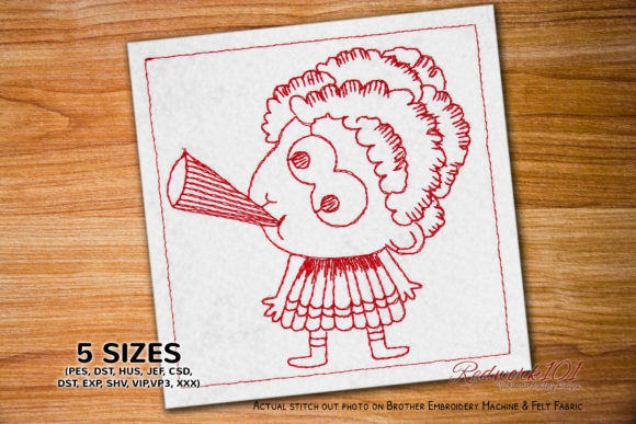 Little Girl Hooting with Horn Redwork
