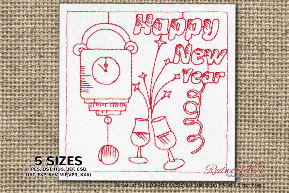 Midnight Clock Happy New Year Redwork